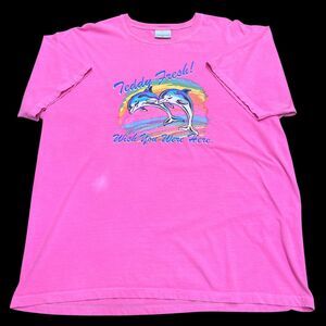 Teddy Fresh "Wish You Were Here" Dolphin Rainbow Graphic Tee Hot Pink Size XL